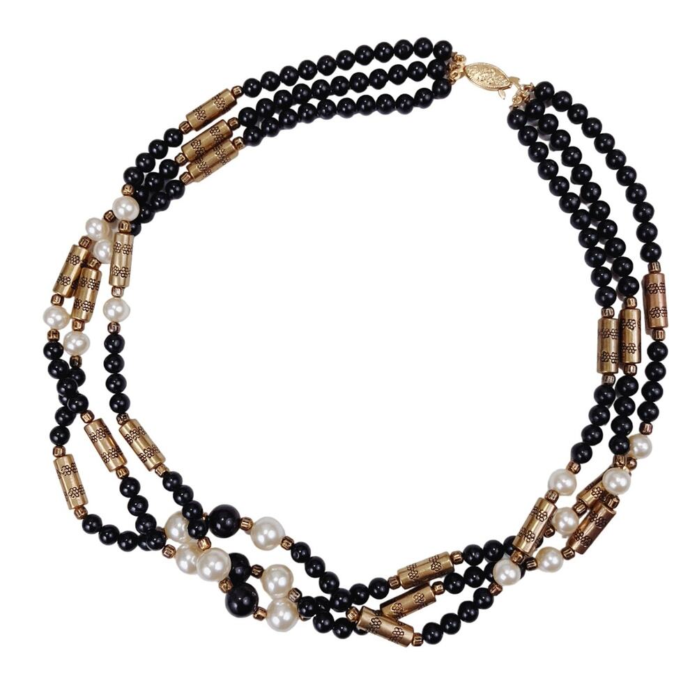 VTG 1950s Multi-Strand Glass Black Bead, Faux Pearl 21" Necklace Gold-Tone Clasp